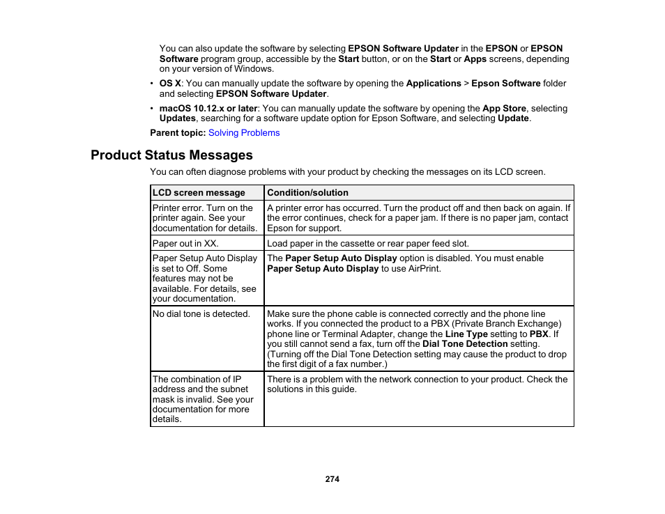Product status messages | Epson WorkForce ST-M3000 Monochrome MFP Supertank Printer User Manual | Page 274 / 348