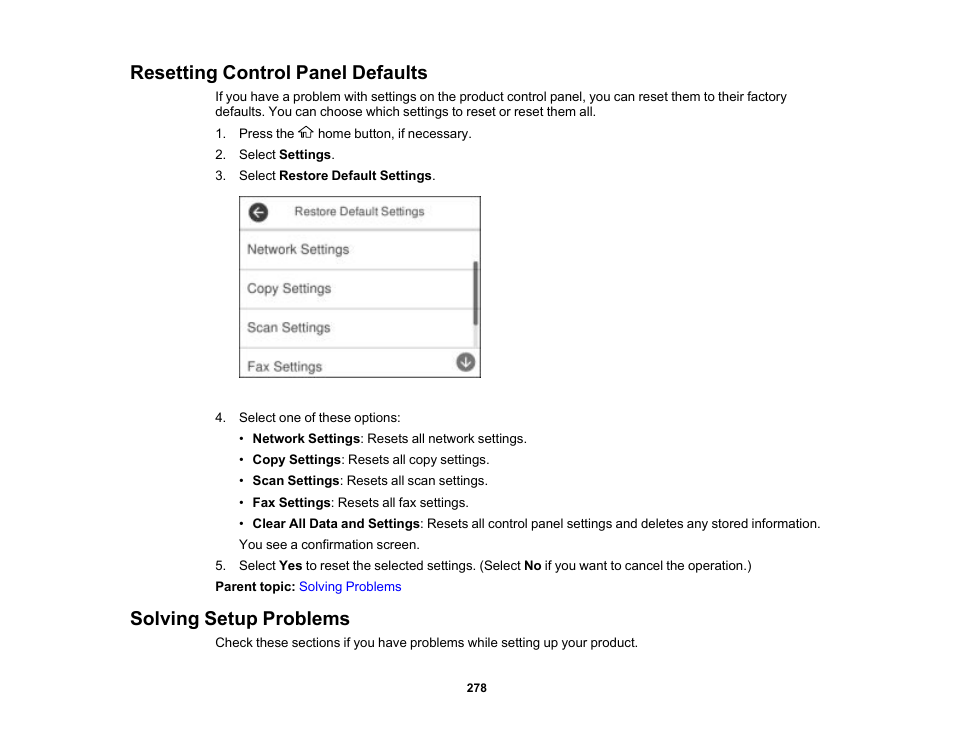 Resetting control panel defaults, Solving setup problems | Epson WorkForce ST-M3000 Monochrome MFP Supertank Printer User Manual | Page 278 / 348