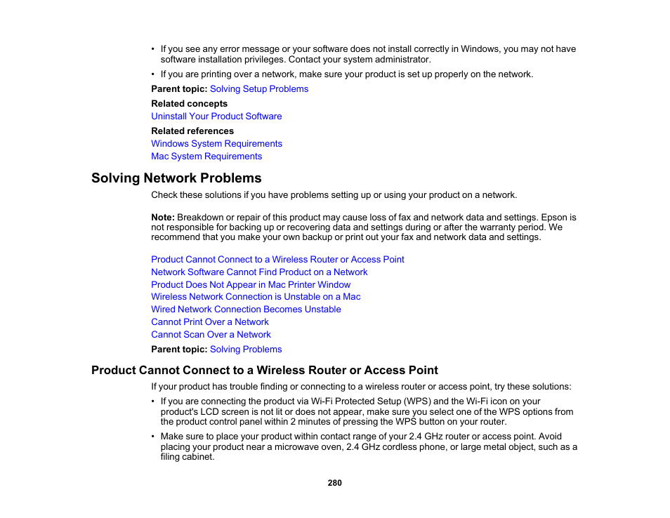 Solving network problems | Epson WorkForce ST-M3000 Monochrome MFP Supertank Printer User Manual | Page 280 / 348