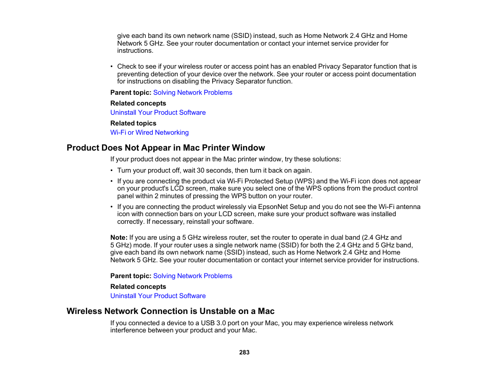 Product does not appear in mac printer window, Wireless network connection is unstable on a mac | Epson WorkForce ST-M3000 Monochrome MFP Supertank Printer User Manual | Page 283 / 348