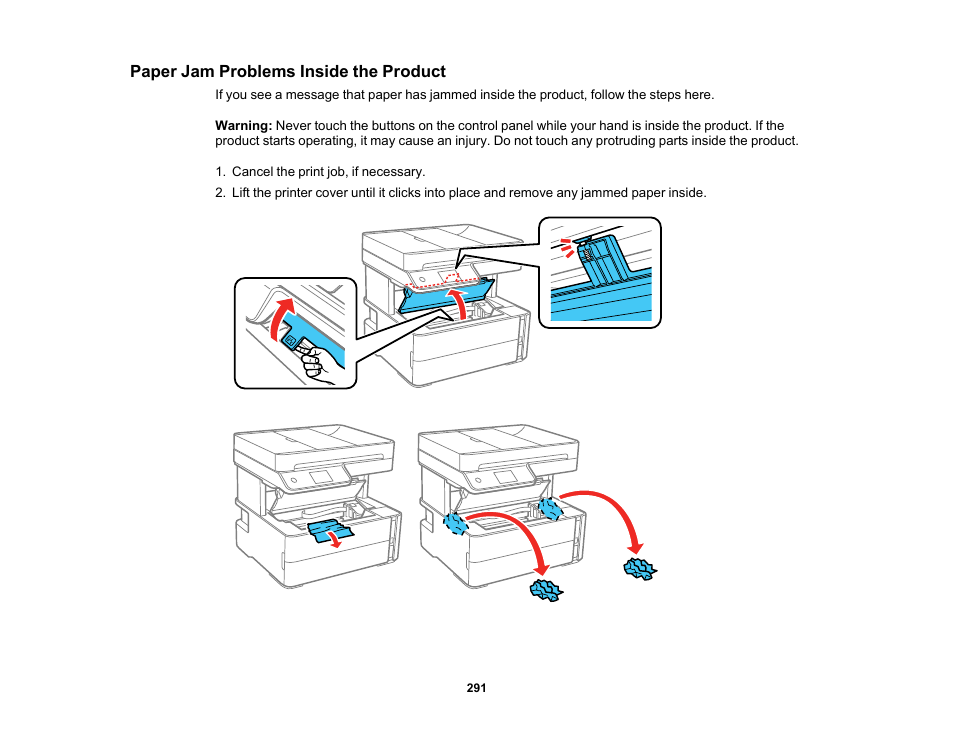 Paper jam problems inside the product | Epson WorkForce ST-M3000 Monochrome MFP Supertank Printer User Manual | Page 291 / 348