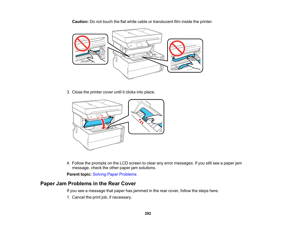 Paper jam problems in the rear cover | Epson WorkForce ST-M3000 Monochrome MFP Supertank Printer User Manual | Page 292 / 348
