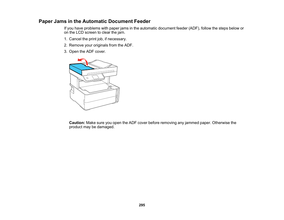 Paper jams in the automatic document feeder | Epson WorkForce ST-M3000 Monochrome MFP Supertank Printer User Manual | Page 295 / 348