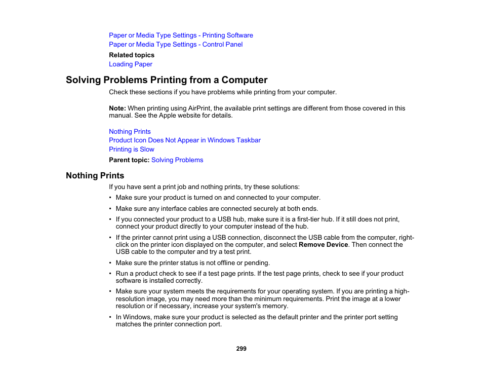 Solving problems printing from a computer, Nothing prints | Epson WorkForce ST-M3000 Monochrome MFP Supertank Printer User Manual | Page 299 / 348