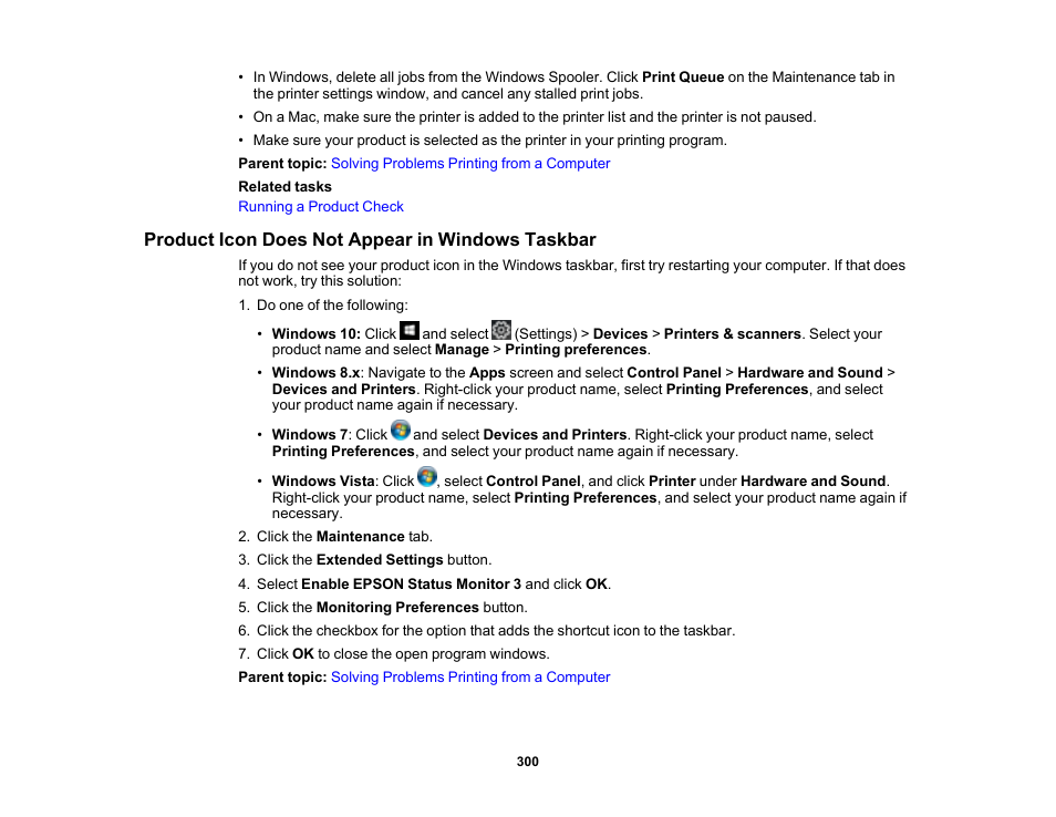 Product icon does not appear in windows taskbar | Epson WorkForce ST-M3000 Monochrome MFP Supertank Printer User Manual | Page 300 / 348