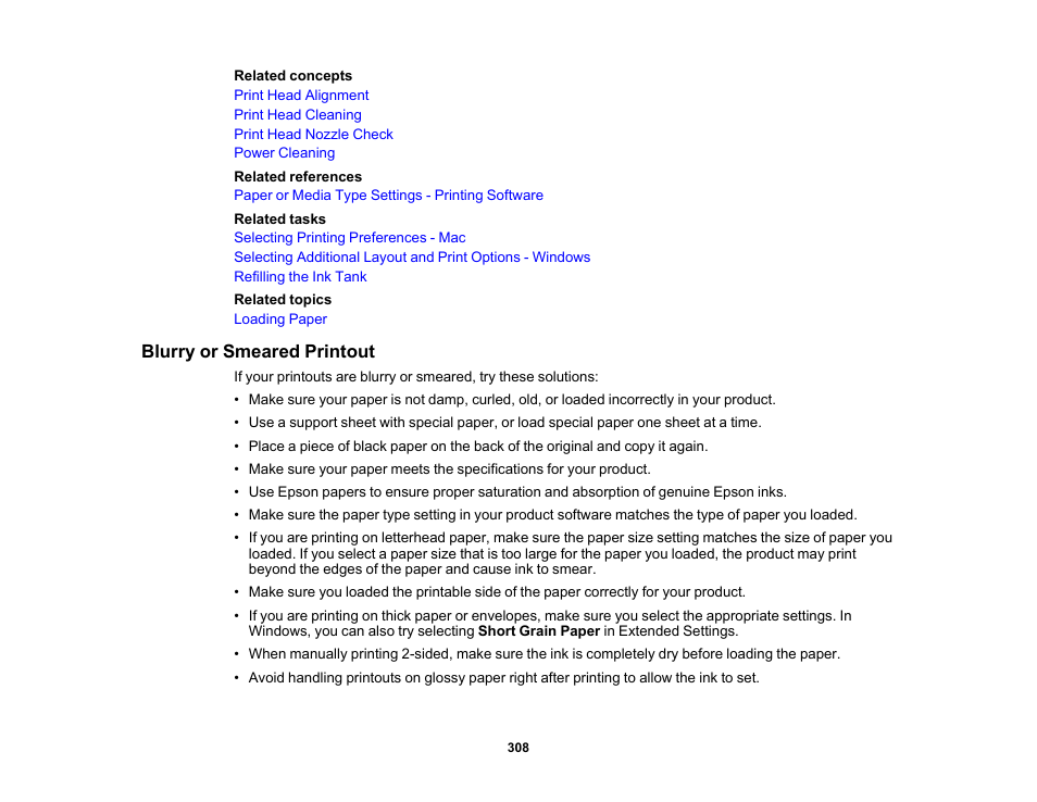 Blurry or smeared printout | Epson WorkForce ST-M3000 Monochrome MFP Supertank Printer User Manual | Page 308 / 348