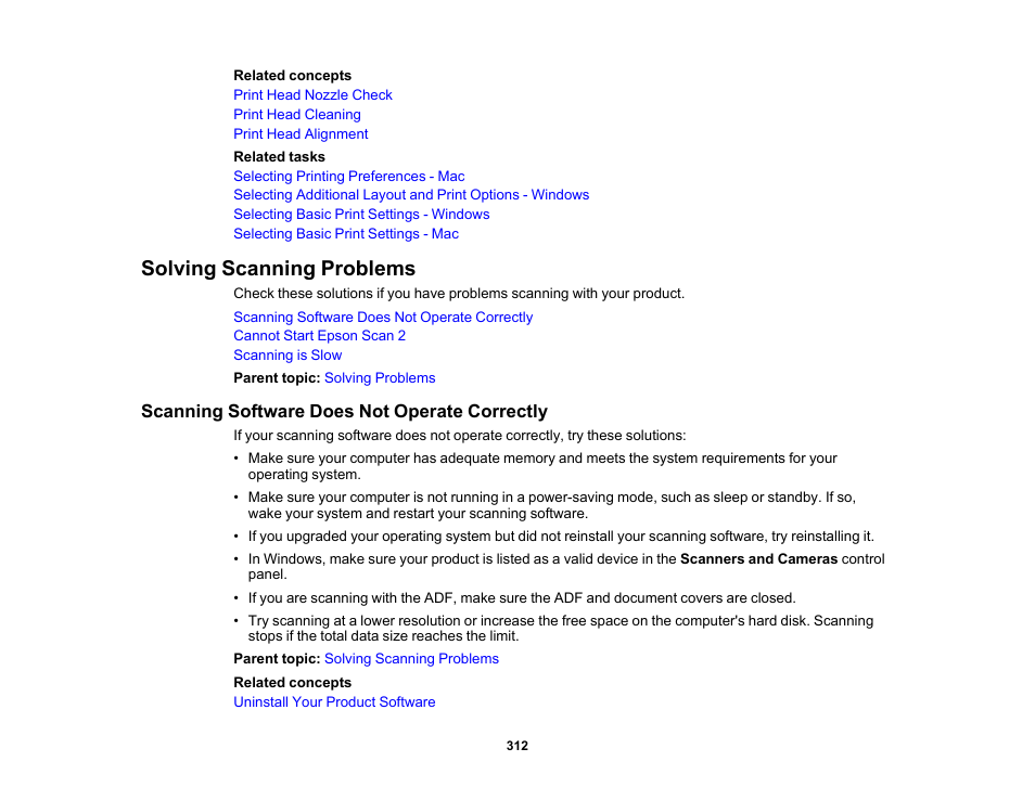 Solving scanning problems, Scanning software does not operate correctly | Epson WorkForce ST-M3000 Monochrome MFP Supertank Printer User Manual | Page 312 / 348