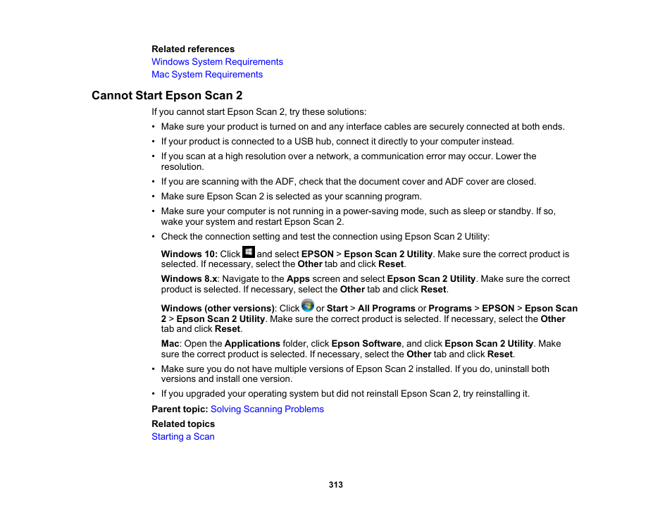 Cannot start epson scan 2 | Epson WorkForce ST-M3000 Monochrome MFP Supertank Printer User Manual | Page 313 / 348
