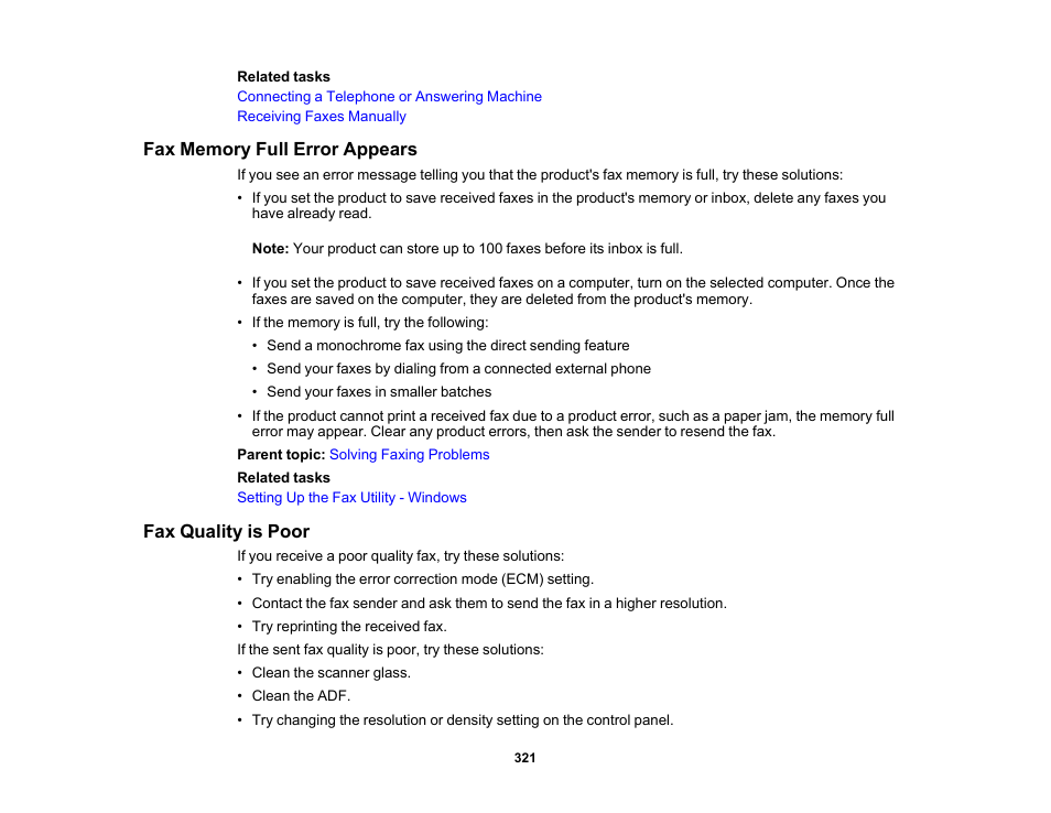 Fax memory full error appears, Fax quality is poor, Fax memory full error appears fax quality is poor | Epson WorkForce ST-M3000 Monochrome MFP Supertank Printer User Manual | Page 321 / 348