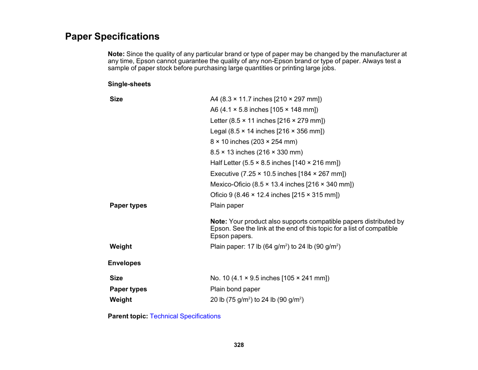 Paper specifications | Epson WorkForce ST-M3000 Monochrome MFP Supertank Printer User Manual | Page 328 / 348