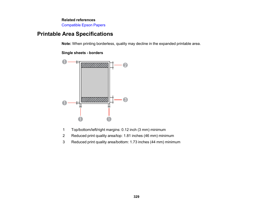 Printable area specifications | Epson WorkForce ST-M3000 Monochrome MFP Supertank Printer User Manual | Page 329 / 348