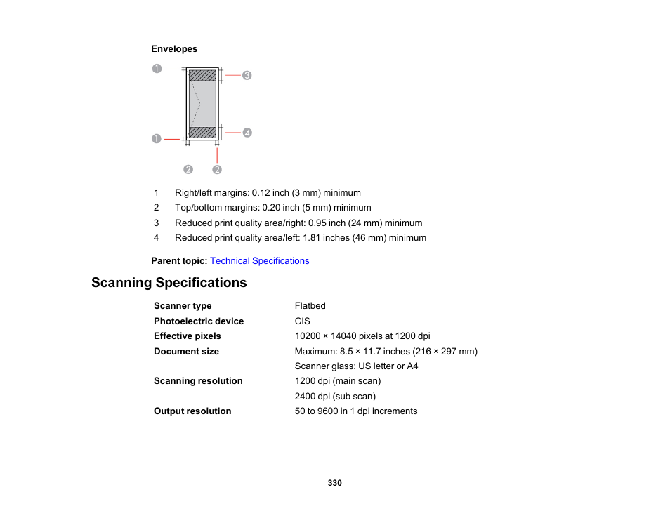 Scanning specifications | Epson WorkForce ST-M3000 Monochrome MFP Supertank Printer User Manual | Page 330 / 348