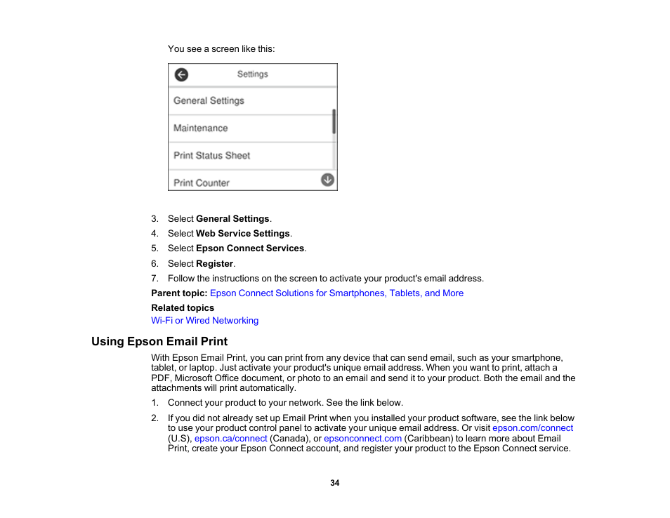 Using epson email print | Epson WorkForce ST-M3000 Monochrome MFP Supertank Printer User Manual | Page 34 / 348