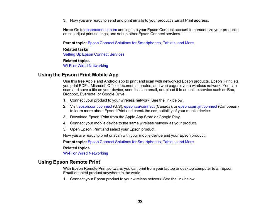 Using the epson iprint mobile app, Using epson remote print | Epson WorkForce ST-M3000 Monochrome MFP Supertank Printer User Manual | Page 35 / 348