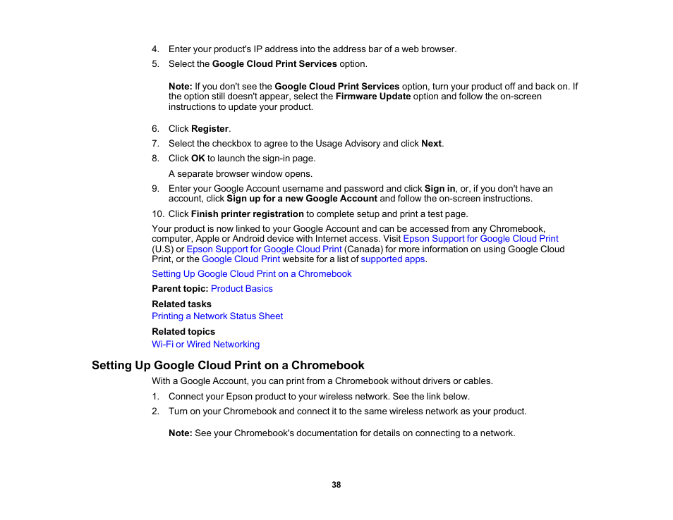 Setting up google cloud print on a chromebook | Epson WorkForce ST-M3000 Monochrome MFP Supertank Printer User Manual | Page 38 / 348