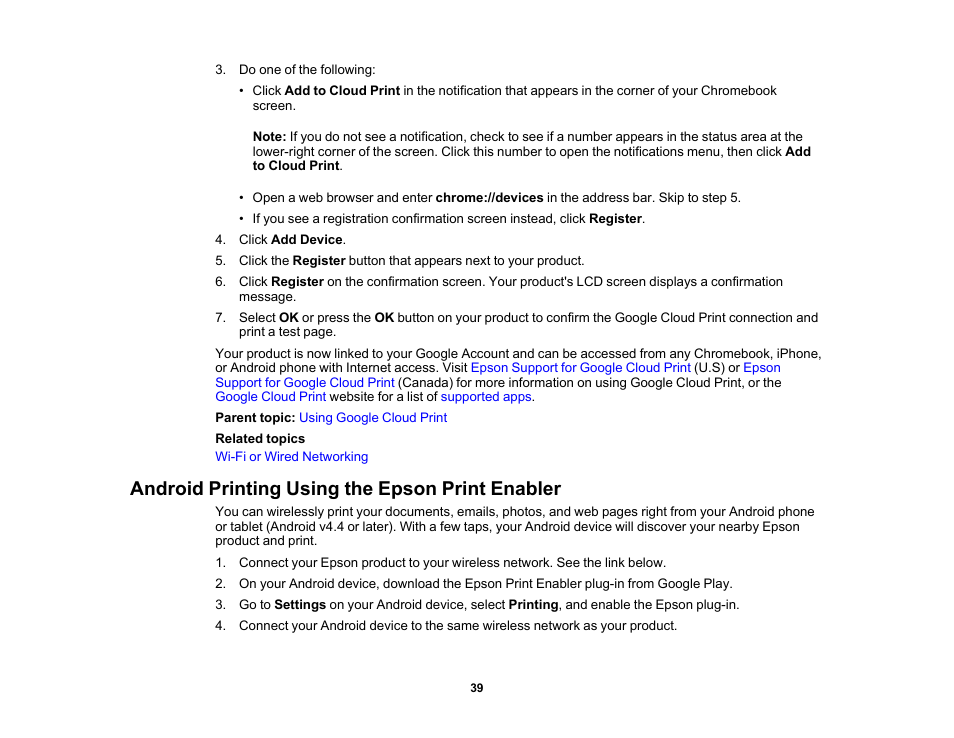 Android printing using the epson print enabler | Epson WorkForce ST-M3000 Monochrome MFP Supertank Printer User Manual | Page 39 / 348