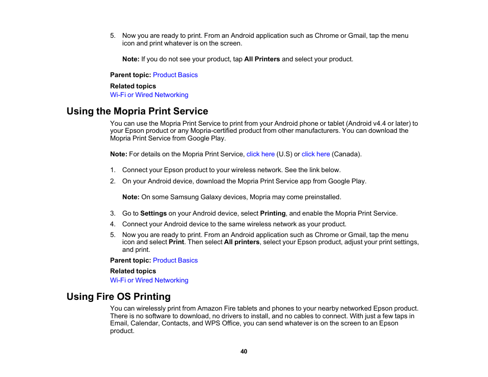 Using the mopria print service, Using fire os printing | Epson WorkForce ST-M3000 Monochrome MFP Supertank Printer User Manual | Page 40 / 348