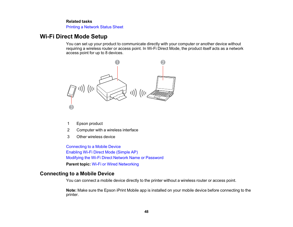 Wi-fi direct mode setup, Connecting to a mobile device | Epson WorkForce ST-M3000 Monochrome MFP Supertank Printer User Manual | Page 48 / 348