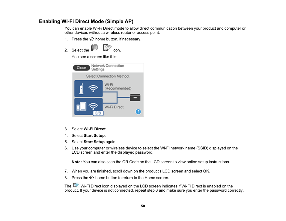 Enabling wi-fi direct mode (simple ap) | Epson WorkForce ST-M3000 Monochrome MFP Supertank Printer User Manual | Page 50 / 348