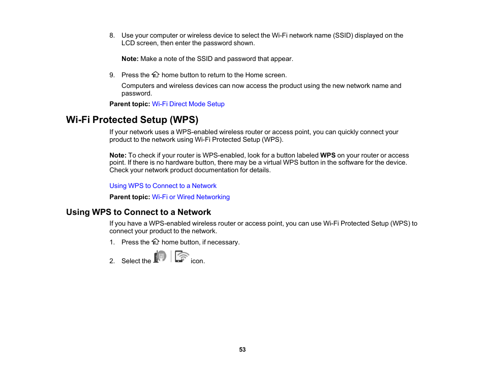 Wi-fi protected setup (wps), Using wps to connect to a network | Epson WorkForce ST-M3000 Monochrome MFP Supertank Printer User Manual | Page 53 / 348