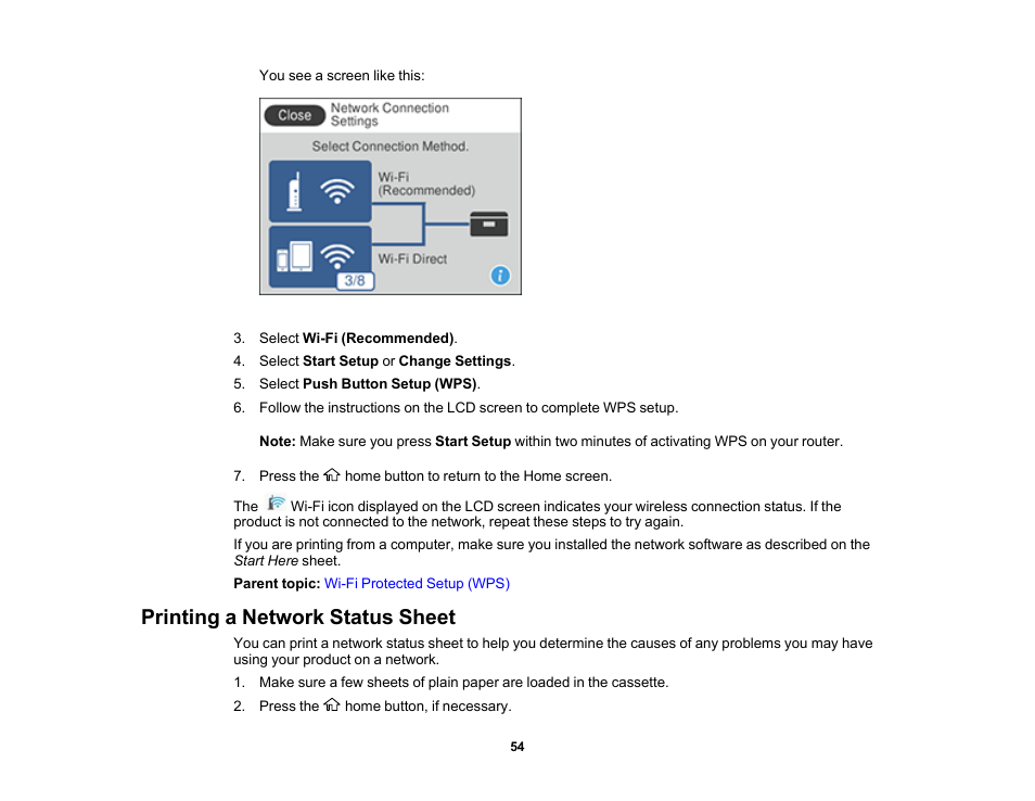 Printing a network status sheet | Epson WorkForce ST-M3000 Monochrome MFP Supertank Printer User Manual | Page 54 / 348