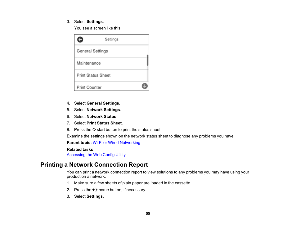 Printing a network connection report | Epson WorkForce ST-M3000 Monochrome MFP Supertank Printer User Manual | Page 55 / 348