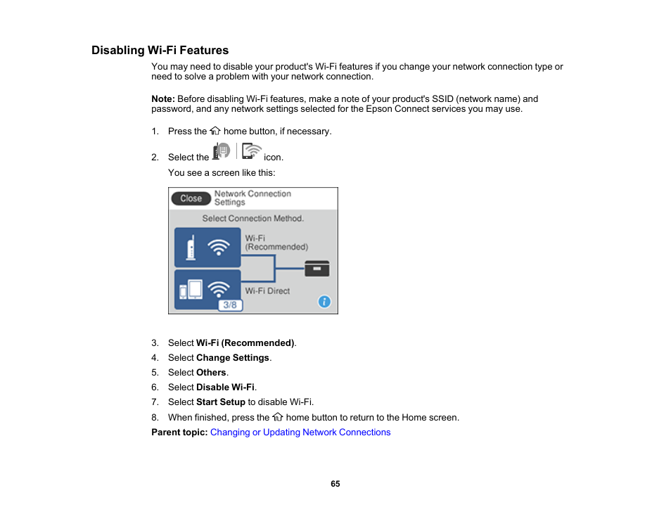Disabling wi-fi features | Epson WorkForce ST-M3000 Monochrome MFP Supertank Printer User Manual | Page 65 / 348