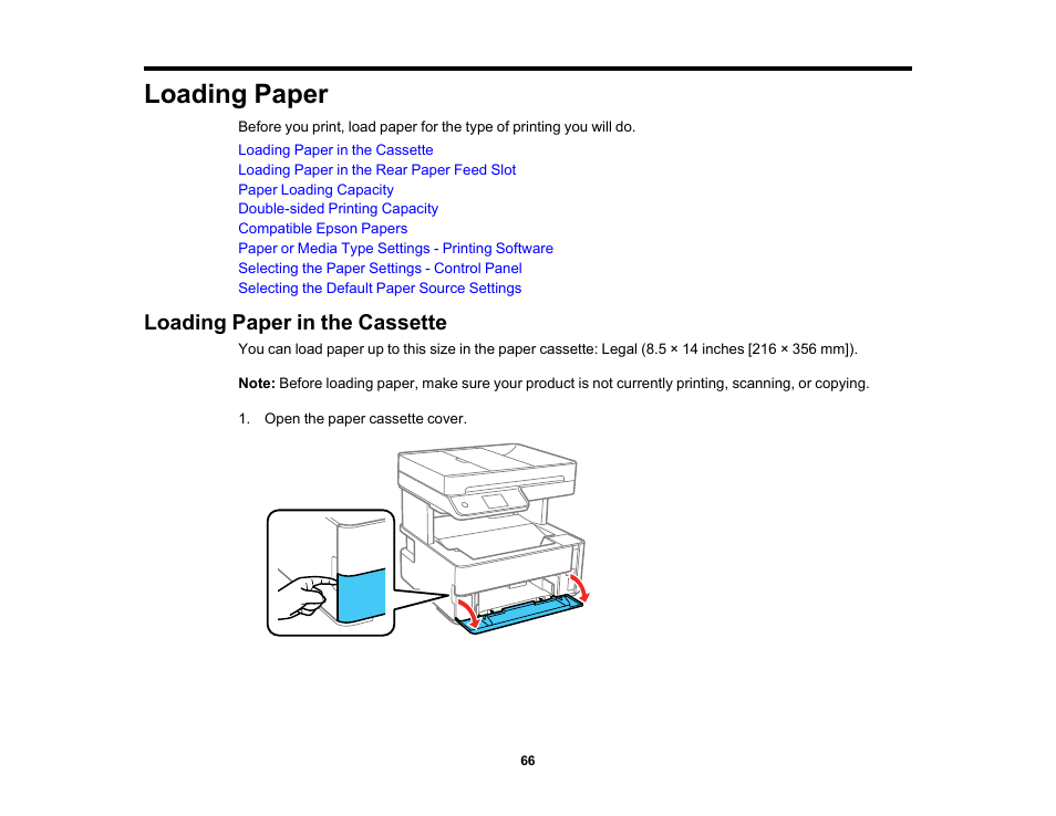 Loading paper, Loading paper in the cassette | Epson WorkForce ST-M3000 Monochrome MFP Supertank Printer User Manual | Page 66 / 348