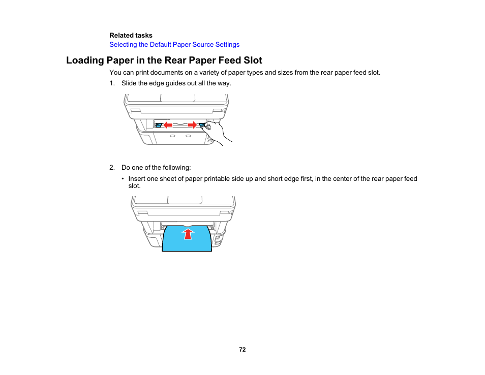 Loading paper in the rear paper feed slot | Epson WorkForce ST-M3000 Monochrome MFP Supertank Printer User Manual | Page 72 / 348