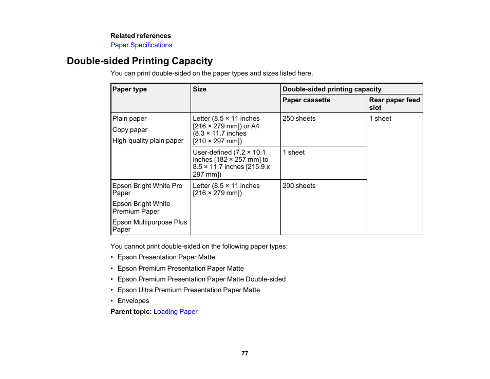 Double-sided printing capacity | Epson WorkForce ST-M3000 Monochrome MFP Supertank Printer User Manual | Page 77 / 348