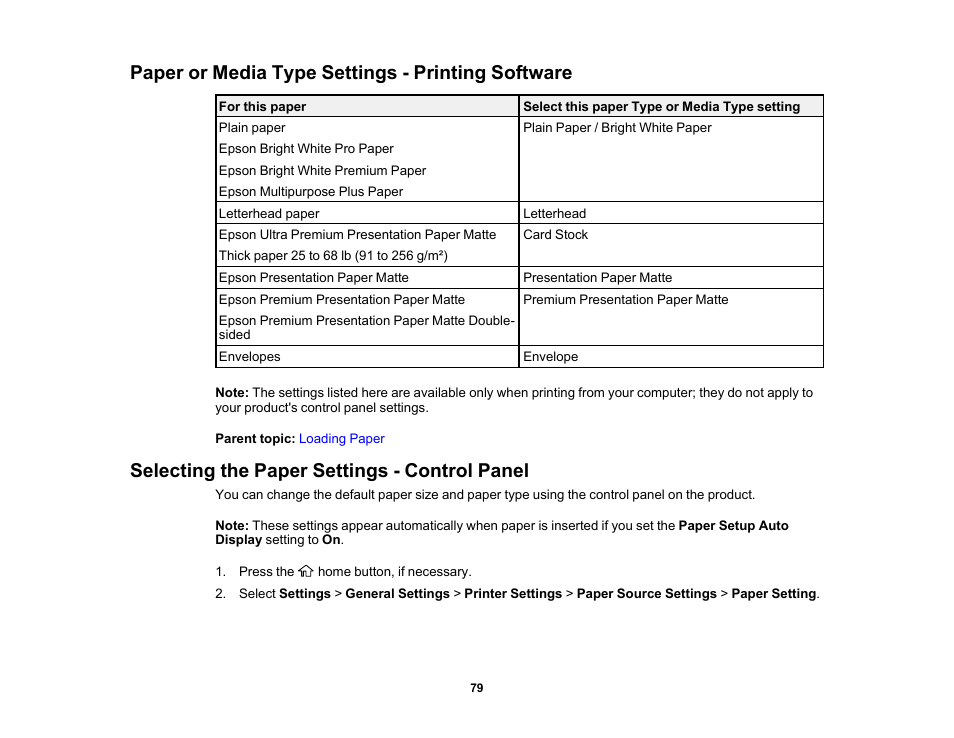Paper or media type settings - printing software, Selecting the paper settings - control panel | Epson WorkForce ST-M3000 Monochrome MFP Supertank Printer User Manual | Page 79 / 348