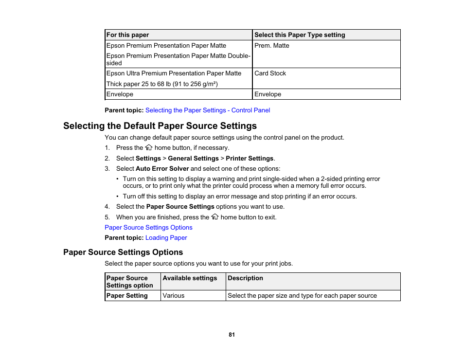 Selecting the default paper source settings, Paper source settings options | Epson WorkForce ST-M3000 Monochrome MFP Supertank Printer User Manual | Page 81 / 348