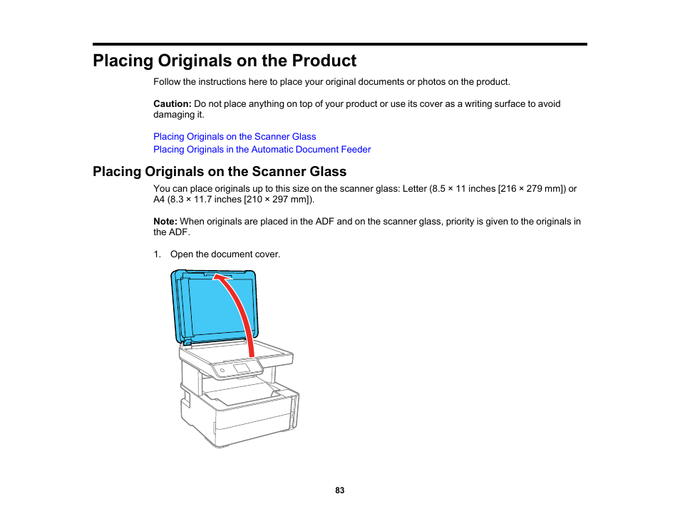 Placing originals on the product, Placing originals on the scanner glass | Epson WorkForce ST-M3000 Monochrome MFP Supertank Printer User Manual | Page 83 / 348
