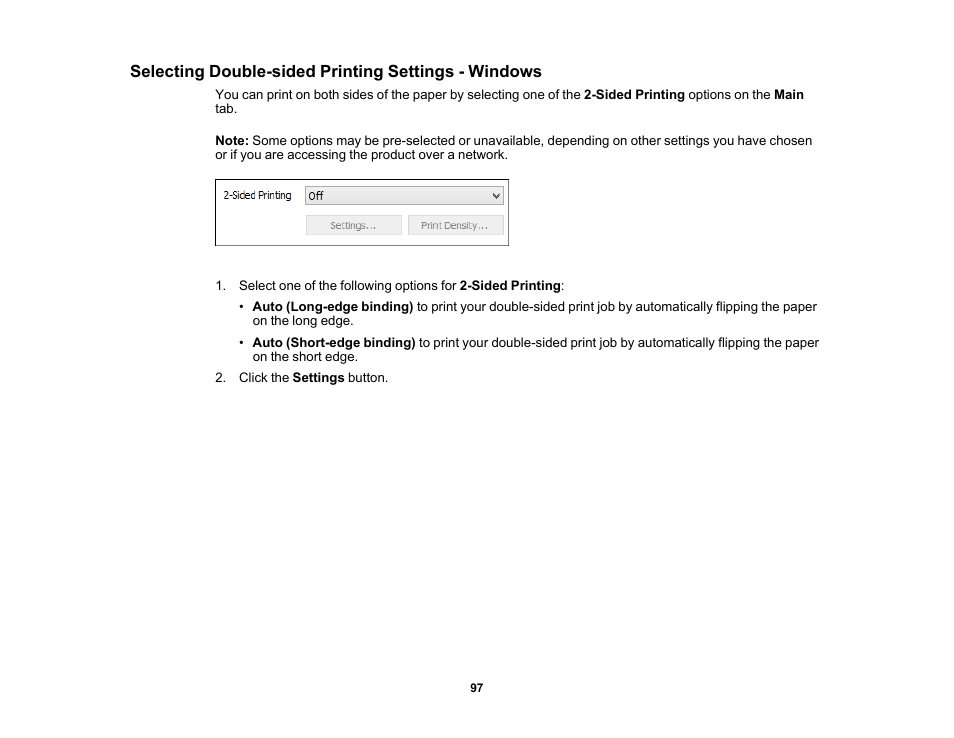 Selecting double-sided printing settings - windows | Epson WorkForce ST-M3000 Monochrome MFP Supertank Printer User Manual | Page 97 / 348