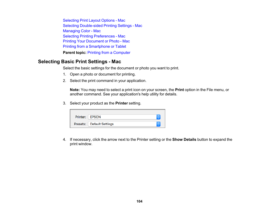 Selecting basic print settings - mac | Epson Workforce Pro WF-7310 Wireless Printer User Manual | Page 104 / 210