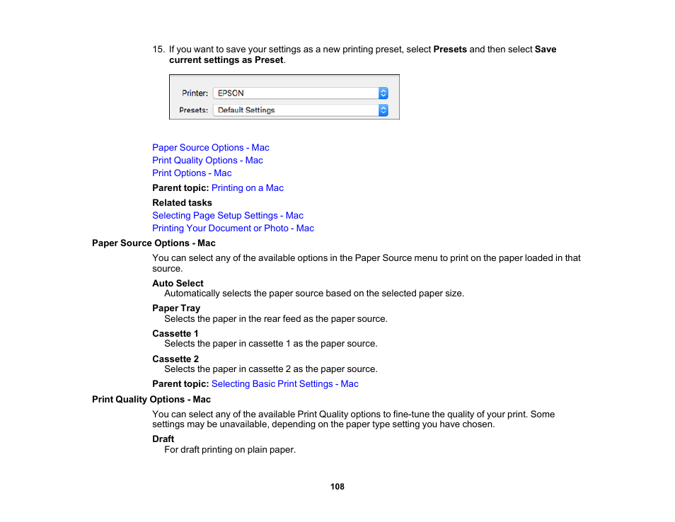 Paper source options - mac, Print quality options - mac | Epson Workforce Pro WF-7310 Wireless Printer User Manual | Page 108 / 210
