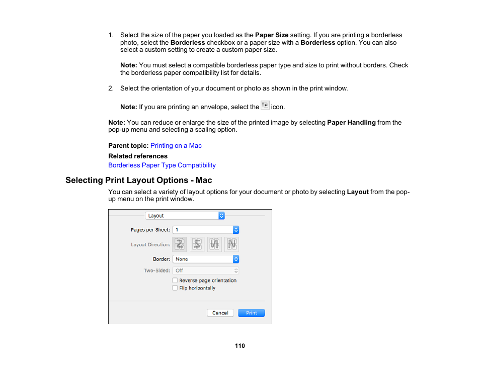 Selecting print layout options - mac | Epson Workforce Pro WF-7310 Wireless Printer User Manual | Page 110 / 210