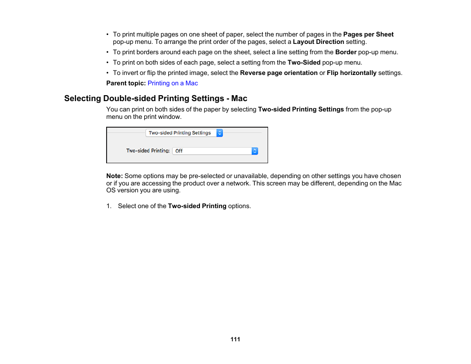 Selecting double-sided printing settings - mac | Epson Workforce Pro WF-7310 Wireless Printer User Manual | Page 111 / 210
