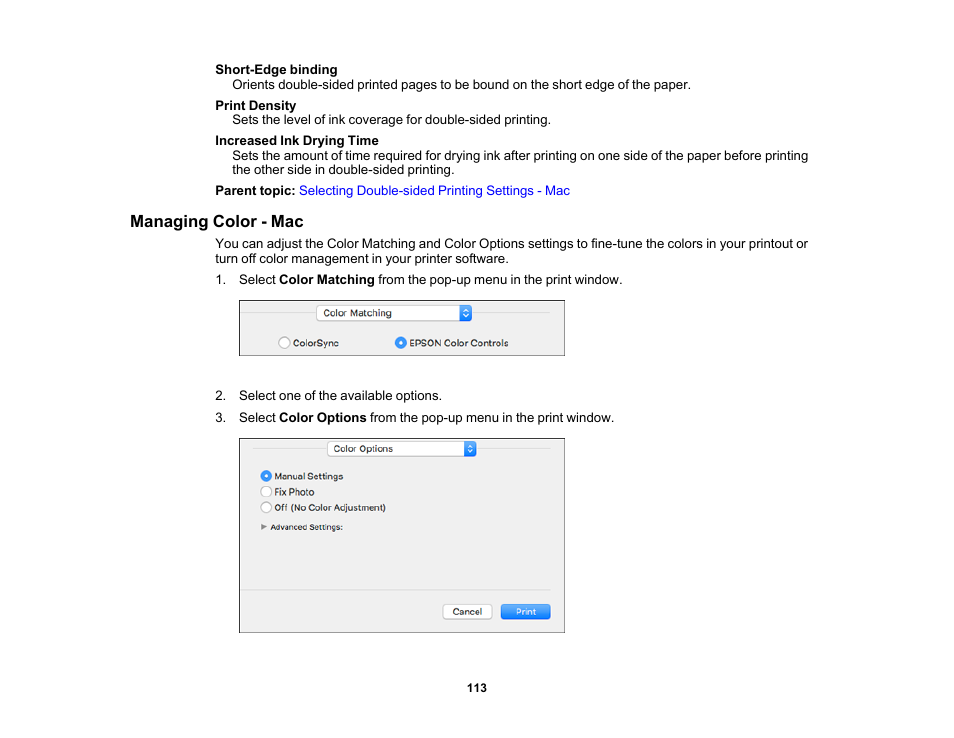 Managing color - mac | Epson Workforce Pro WF-7310 Wireless Printer User Manual | Page 113 / 210