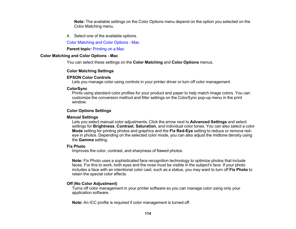 Color matching and color options - mac | Epson Workforce Pro WF-7310 Wireless Printer User Manual | Page 114 / 210