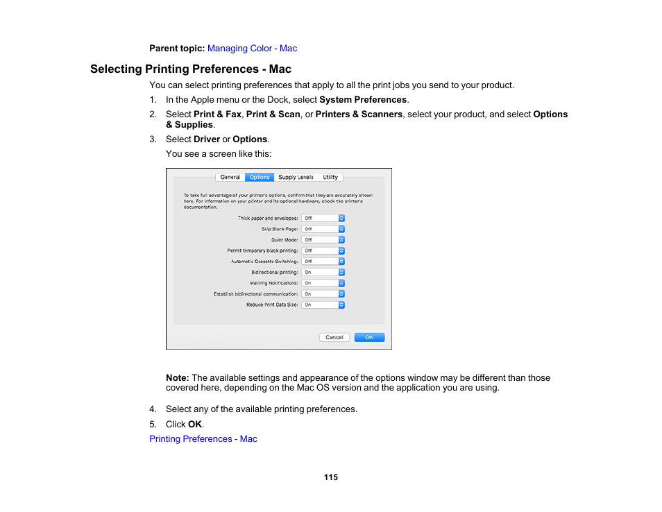 Selecting printing preferences - mac | Epson Workforce Pro WF-7310 Wireless Printer User Manual | Page 115 / 210