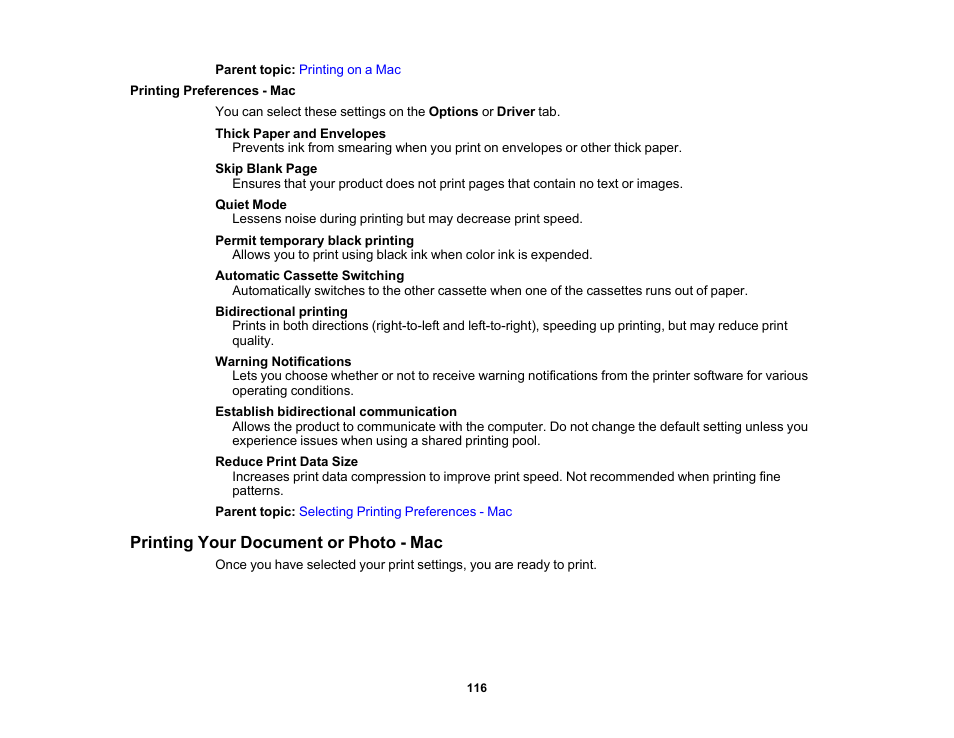 Printing preferences - mac, Printing your document or photo - mac | Epson Workforce Pro WF-7310 Wireless Printer User Manual | Page 116 / 210