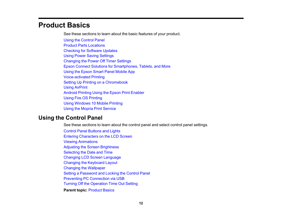 Product basics, Using the control panel | Epson Workforce Pro WF-7310 Wireless Printer User Manual | Page 12 / 210