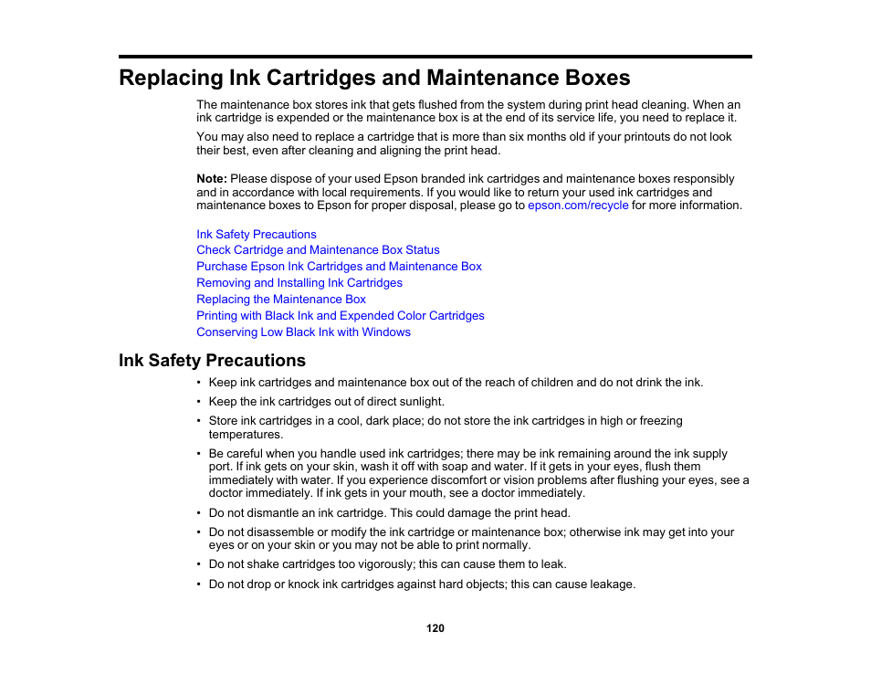 Replacing ink cartridges and maintenance boxes, Ink safety precautions | Epson Workforce Pro WF-7310 Wireless Printer User Manual | Page 120 / 210