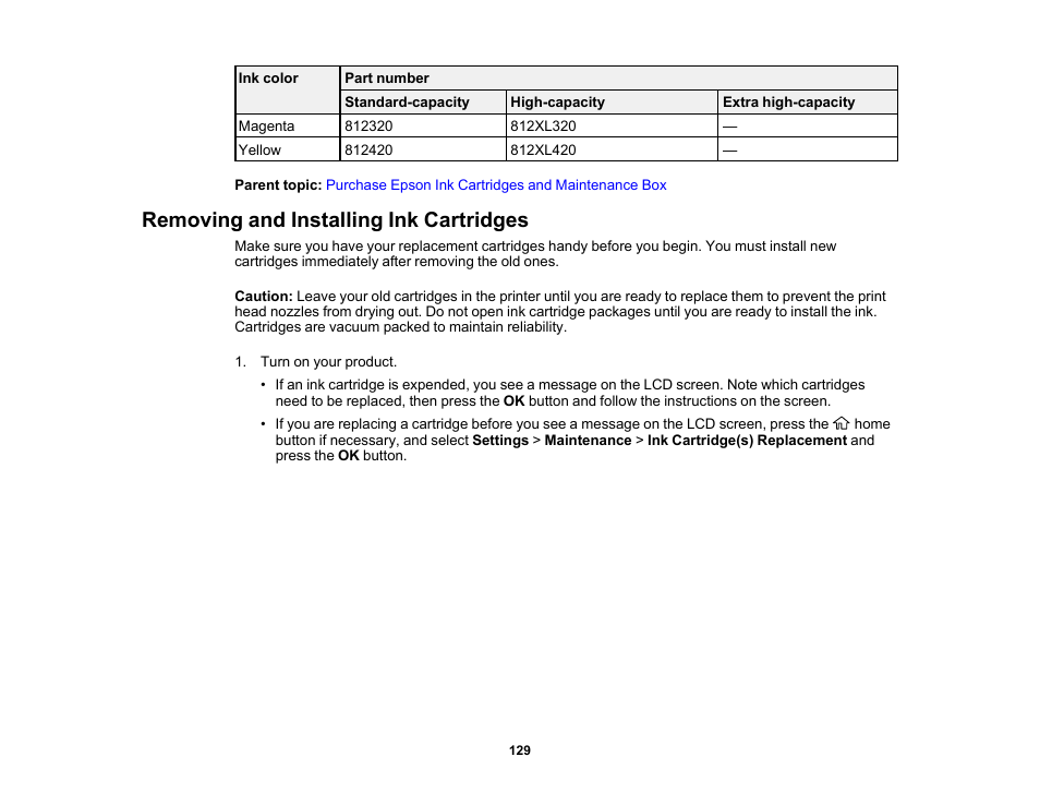 Removing and installing ink cartridges | Epson Workforce Pro WF-7310 Wireless Printer User Manual | Page 129 / 210