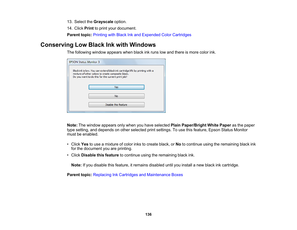 Conserving low black ink with windows | Epson Workforce Pro WF-7310 Wireless Printer User Manual | Page 136 / 210