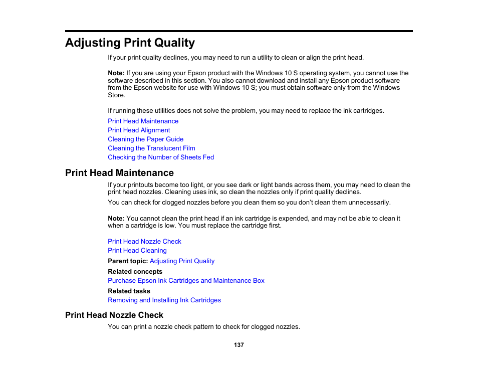 Adjusting print quality, Print head maintenance, Print head nozzle check | Epson Workforce Pro WF-7310 Wireless Printer User Manual | Page 137 / 210