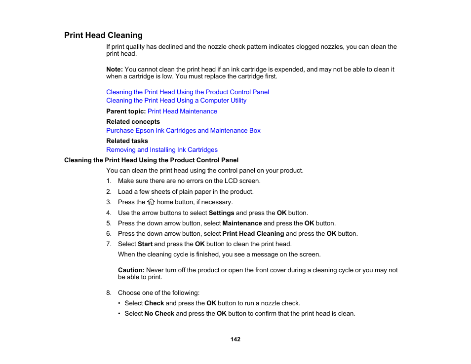 Print head cleaning | Epson Workforce Pro WF-7310 Wireless Printer User Manual | Page 142 / 210