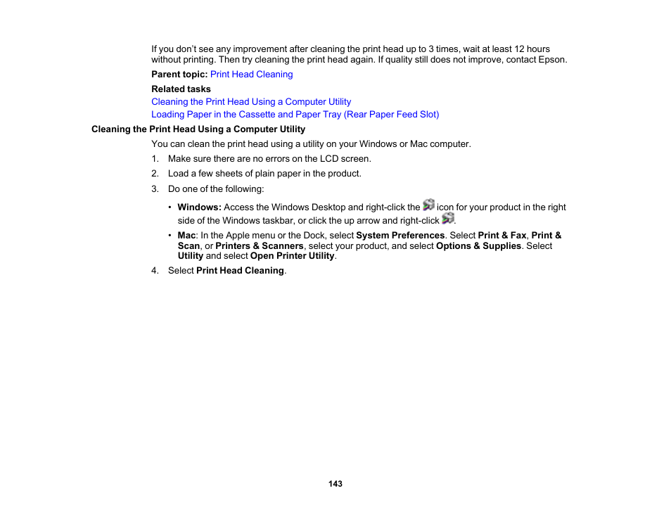 Cleaning the print head using a computer utility | Epson Workforce Pro WF-7310 Wireless Printer User Manual | Page 143 / 210