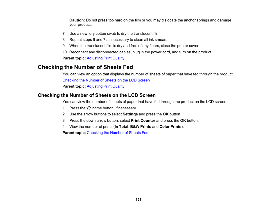 Checking the number of sheets fed, Checking the number of sheets on the lcd screen | Epson Workforce Pro WF-7310 Wireless Printer User Manual | Page 151 / 210